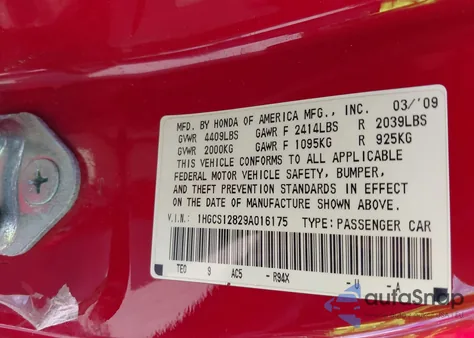 2009 Honda Accord 2.4 Ex-L from USA, damaged, VIN 1HGCS12829A016175